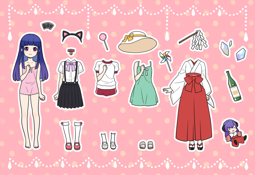 1girl animal_ears bare_arms bare_legs bare_shoulders barefoot bell black_skirt blue_hair blunt_bangs blunt_ends bottle bow buruma camisole candy card cat_ears character_doll collar dress dress-up fake_animal_ears food furude_rika gohei gym_shirt gym_uniform hair_over_shoulder hakama hanyuu hat higurashi_no_naku_koro_ni hime_cut itooooofu8282 japanese_clothes jingle_bell kakera kneehighs lollipop long_hair long_sleeves looking_at_viewer mary_janes miko pink_background pink_bow pink_camisole playing_card pleated_skirt purple_eyes red_buruma red_footwear red_hakama ribbon sandals school_uniform shide shirt shoes short_sleeves skirt smile socks solo standing summer_uniform sun_hat sundress suspender_skirt suspenders tabi white_footwear white_shirt white_socks wide_sleeves wine_bottle