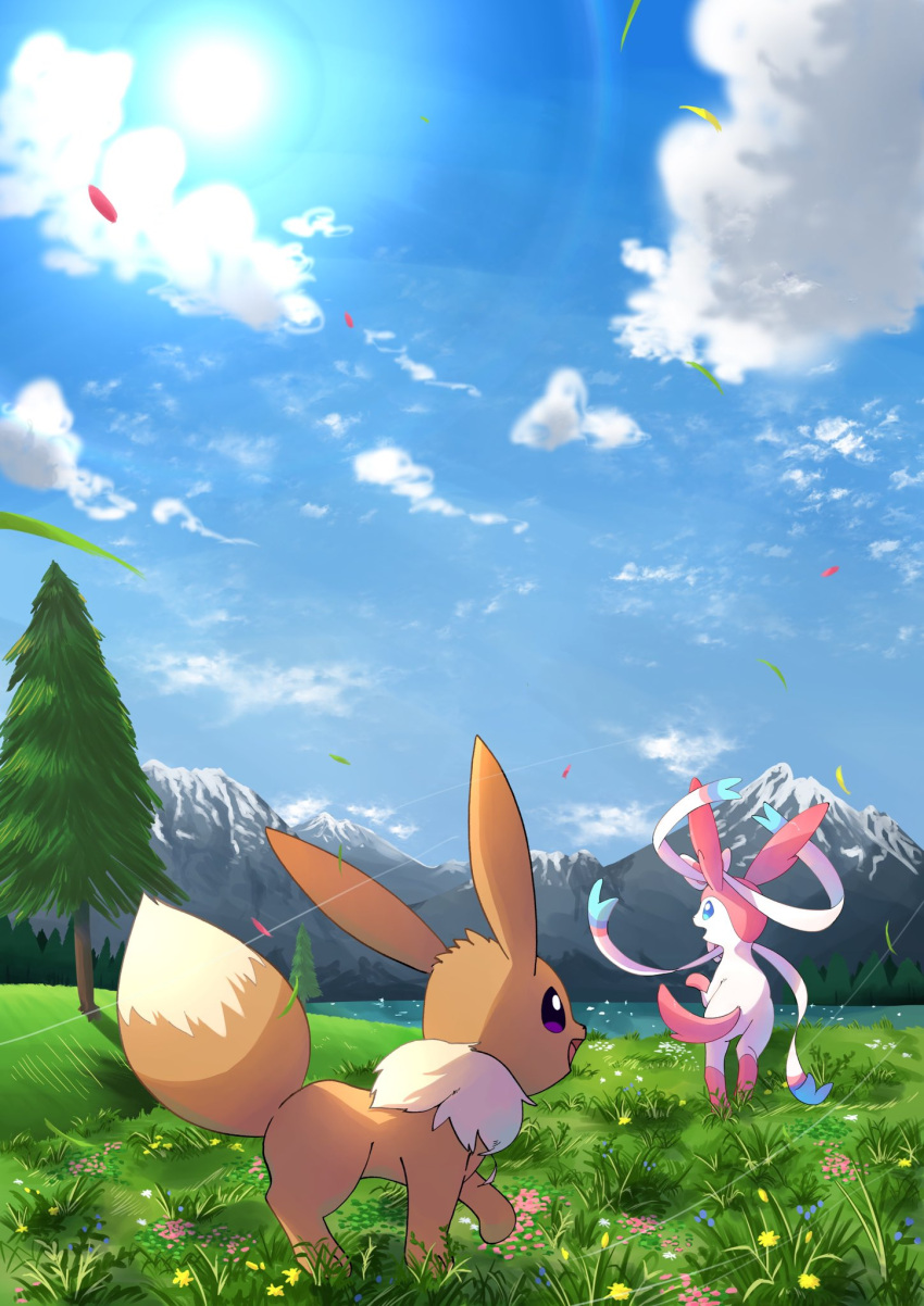 cloud commentary_request day eevee falling_leaves flower grass highres leaf no_humans outdoors pokemon pokemon_(creature) sato_(i_cant_do_it) sky standing sun_halo sylveon tree