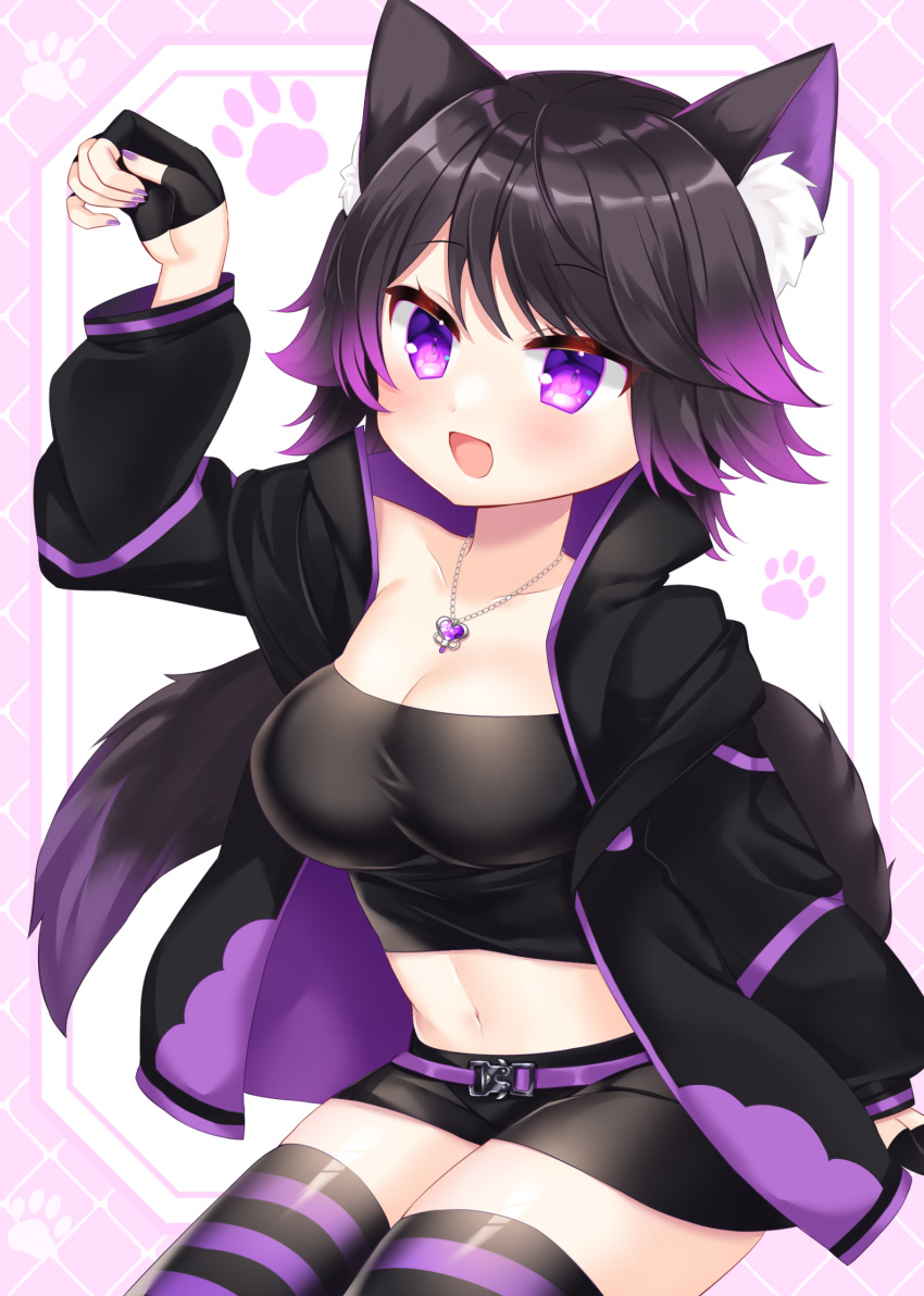 1girl :d animal_ear_fluff animal_ears arm_up belt belt_buckle black_gloves black_hair black_jacket black_shirt black_shorts breasts buckle cleavage collarbone commission crop_top fingerless_gloves gloves gradient_hair half_gloves highres jacket long_sleeves medium_breasts midriff multicolored_hair navel open_clothes open_jacket original puffy_long_sleeves puffy_sleeves purple_belt purple_eyes purple_hair shikito shirt short_shorts shorts sitting skeb_commission smile solo striped_clothes striped_thighhighs tail thighhighs