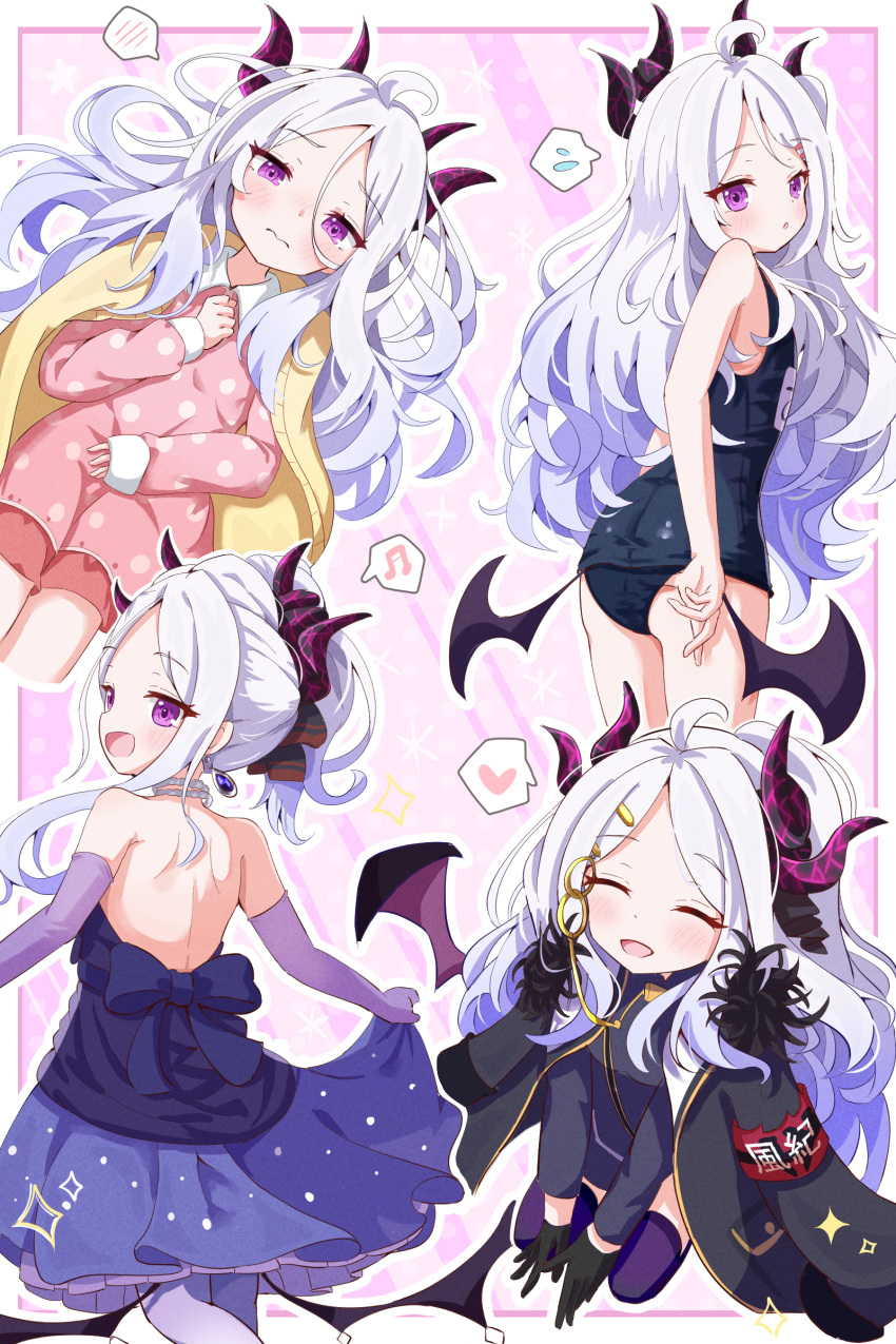 3: 4girls :d ^_^ absurdres adjusting_clothes adjusting_swimsuit ahoge armband ass backless_outfit bare_back bare_shoulders belt black_coat black_gloves blue_archive bow cardigan cardigan_on_shoulders closed_eyes coat coat_on_shoulders commentary_request dangle_earrings demon_girl demon_horns demon_wings dress earrings elbow_gloves evening_gown flying_sweatdrops forehead from_behind fur-trimmed_coat fur_trim gloves hair_between_eyes hair_bow hair_ornament hair_ribbon hairclip half_updo halo heart highres hina_(blue_archive) hina_(dress)_(blue_archive) hina_(swimsuit)_(blue_archive) horns jewelry long_hair long_sleeves looking_at_viewer looking_back mikumiku37 military_uniform multiple_girls multiple_persona musical_note name_tag necklace official_alternate_costume official_alternate_hairstyle old_school_swimsuit one_side_up open_cardigan open_clothes open_coat pajamas pantyhose parted_bangs parted_lips pearl_necklace pink_pajamas polka_dot polka_dot_pajamas purple_dress purple_eyes purple_gloves purple_pantyhose purple_thighhighs red_armband ribbon sam_browne_belt school_swimsuit seiza shoulder_blades sidelocks simple_background sitting smile spoken_flying_sweatdrops spoken_heart spoken_musical_note swimsuit thighhighs uniform wavy_hair white_hair wings yellow_cardigan