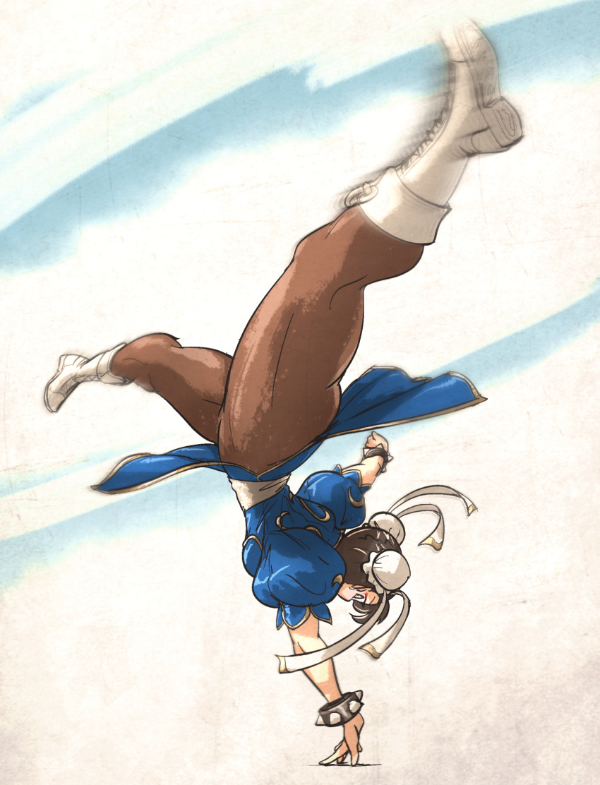 1girl blue_dress boots bracelet brown_pantyhose bun_cover china_dress chinese_clothes chun-li commentary cross-laced_footwear double_bun dress english_commentary full_body hair_bun handstand highres ironlily jewelry kicking knee_boots lace-up_boots martial_arts narrow_waist one_arm_handstand pantyhose puffy_short_sleeves puffy_sleeves short_hair short_sleeves solo spiked_bracelet spikes spinning_bird_kick split street_fighter street_fighter_ii_(series) thick_thighs thighs upside-down white_footwear