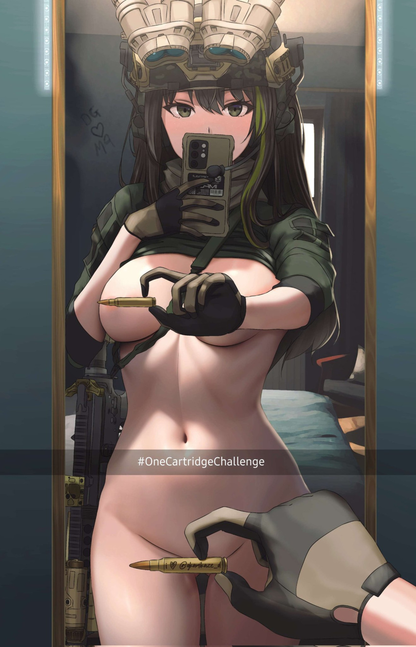 ass_visible_through_thighs bed black_eyes black_gloves black_hair blush breasts bullet cellphone dgkamikaze english_commentary english_text exhibitionism girls'_frontline gloves green_hair groin hair_between_eyes highres large_breasts long_hair looking_at_viewer m4a1_(girls'_frontline) meme mirror multicolored_hair navel night_vision_device one_finger_selfie_challenge_(meme) phone public_indecency streaked_hair thigh_gap