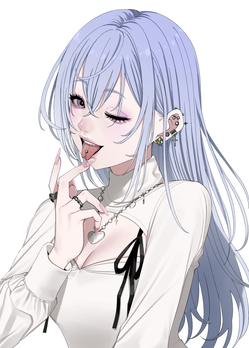 1girl ;p aegyo_sal black_ribbon blue_hair breasts cleavage cleavage_cutout clothing_cutout crossed_bangs ear_piercing earrings eyelashes fingernails forked_tongue hair_between_eyes heart_pendant highres idolmaster idolmaster_shiny_colors jewelry long_fingernails long_hair long_sleeves looking_at_viewer maou_(demonlord) medium_breasts nail_art one_eye_closed open_mouth pendant piercing pink_nails purple_eyes ribbon ring shirt sidelocks simple_background smile solo straight_hair suzuki_hana teeth tongue tongue_out tongue_piercing turtleneck upper_body white_background