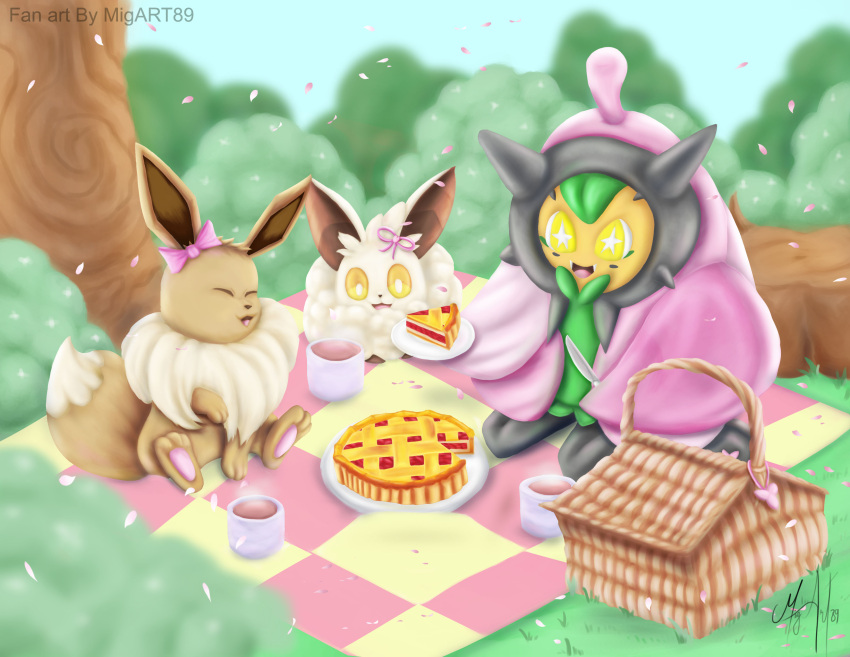 absurd_res chilling cremis dessert eevee_day female food forest forest_background generation_9_pokemon hi_res legendary_pokemon migart89 nature nature_background nintendo ogerpon pal_(species) palworld picnic plant pocketpair pokemon pokemon_(species) tree