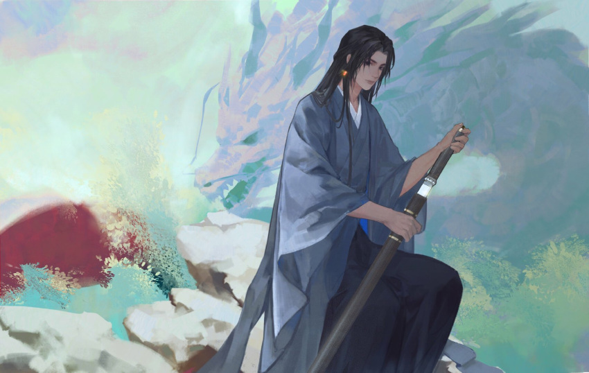 1boy blue_hanfu brown_eyes brown_hair chinese_clothes dragon earrings eastern_dragon feet_out_of_frame guan_yiyi hanfu highres holding holding_sheath holding_sword holding_weapon jewelry long_hair long_sleeves looking_at_viewer qiang_jin_jiu rock scabbard sheath shen_lanzhou single_earring sitting solo sword weapon wide_sleeves