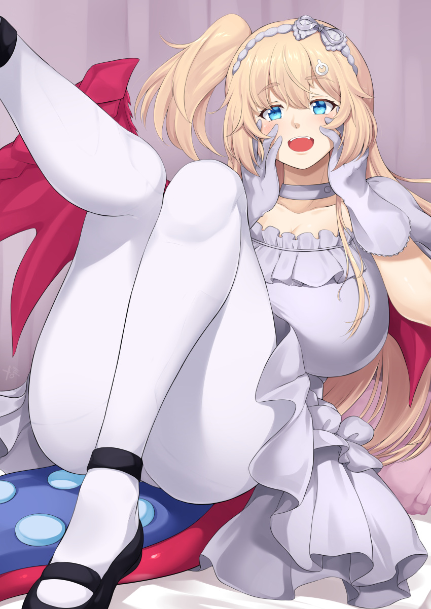 1girl absurdres black_footwear blonde_hair blue_eyes breasts choker dragon_girl dragon_tail dragon_wings dress frilled_dress frills gloves hands_on_own_face highres hime_hajime large_breasts looking_at_viewer one_side_up open_mouth pantyhose power_symbol_hair_ornament smile solo tail virtual_youtuber vshojo white_choker white_dress white_gloves white_pantyhose wings yomitrooper
