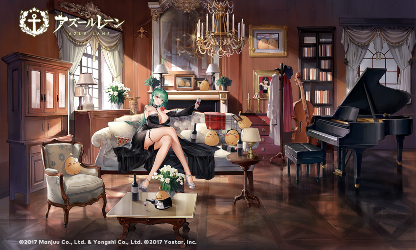 1girl alternate_breast_size alternate_costume azur_lane bare_shoulders black_dress bookshelf bottle bouquet breasts chandelier cleavage coat couch cup dress drinking_glass drunk elpx_(gu_jian_shaonu) flower flower_in_mouth full_body green_hair high_heels holding holding_flower indoors instrument jewelry lamp large_breasts littorio_(azur_lane) long_dress long_hair manjuu_(azur_lane) monocle necklace official_art piano portrait_(object) red_eyes rose skindentation strapless strapless_dress tears thigh_strap very_long_hair white_footwear wine_bottle wine_glass