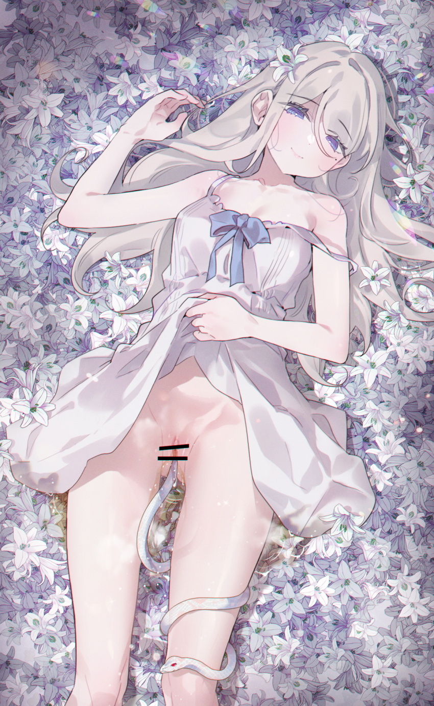 1girl alicecrazy bar_censor bare_shoulders blue_bow blue_eyes bow breasts bright_pupils censored cleavage commentary_request cropped_legs dress flower flower_bed grey_hair hair_between_eyes hair_flower hair_ornament highres iris_(flower) long_hair looking_at_viewer lying medium_breasts mole mole_under_eye on_back original parted_bangs pee single_off_shoulder snake wavy_hair white_dress white_pupils
