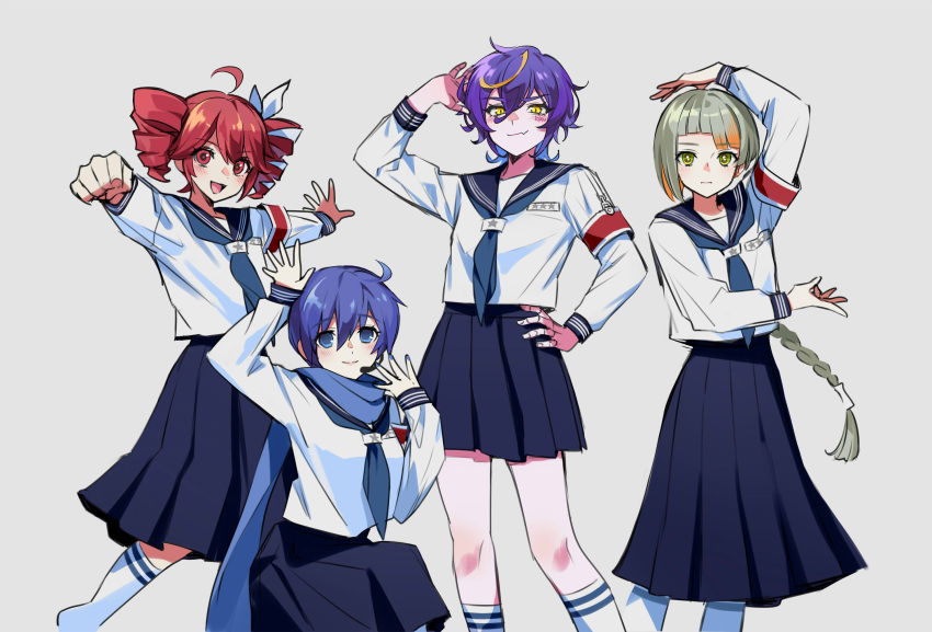 4girls ahoge android arm_over_head arm_up atarashii_gakkou_no_leaders black_sailor_collar black_skirt blonde_hair blue_eyes blue_hair blue_neckerchief blunt_bangs blush braid braided_ponytail breasts chis-a clenched_hand closed_mouth colored_inner_hair cosplay drill_hair earpiece facial_mark fang genderswap genderswap_(mtf) green_eyes grey_hair hair_between_eyes hand_on_own_head hand_on_own_hip hand_up highres joints kaiko kaito_(vocaloid) kasane_teto kasane_teto_(sv) kirune_(voisona) kneehighs kneeling large_breasts long_hair long_skirt long_sleeves looking_at_viewer medium_hair multicolored_hair multiple_girls neckerchief nikorupurumie open_mouth orange_hair otonablue outstretched_arms parody pleated_skirt purple_hair purple_nails red_eyes red_hair robot_joints safety_pin sailor_collar school_uniform serafuku serious shirt short_hair simple_background skin_fang skirt smile smirk socks spread_arms standing streaked_hair synthesizer_v twin_drills utau v-shaped_eyebrows vocaloid voisona white_background white_shirt yellow_eyes