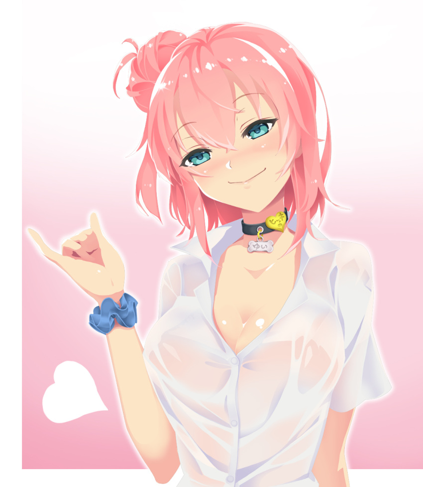 1girl \n/ animal_collar aqua_eyes blue_scrunchie blush bra bra_visible_through_clothes breasts cleavage closed_mouth collar collarbone gradient_background gyaru hair_bun hand_up heart highres light_smile looking_at_viewer medium_breasts name_tag pink_background pink_bra pink_hair scrunchie see-through see-through_shirt shirt short_hair single_hair_bun single_side_bun solo suryua underwear white_background white_shirt wrist_scrunchie yahari_ore_no_seishun_lovecome_wa_machigatteiru. yuigahama_yui