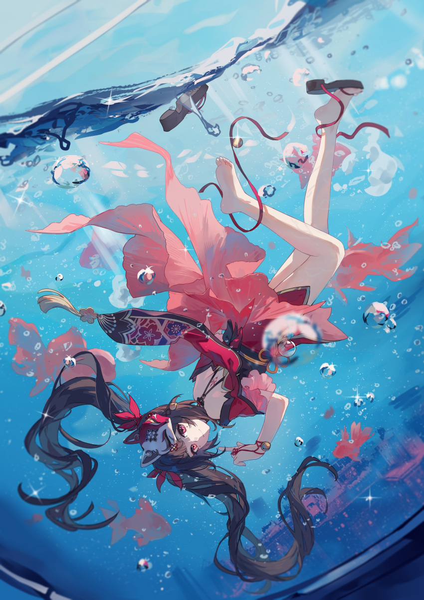 1girl absurdres back_tattoo barefoot bell brown_hair closed_mouth dress dutch_angle fish fishbowl flip-flops fox_mask goldfish hair_ornament highres honkai:_star_rail honkai_(series) in_container long_hair looking_at_viewer mask mask_on_head obi qqqne red_dress red_eyes red_ribbon ribbon sandals sash shoes single_shoe soles solo sparkle_(honkai:_star_rail) tattoo twintails underwater unworn_footwear upside-down very_long_hair