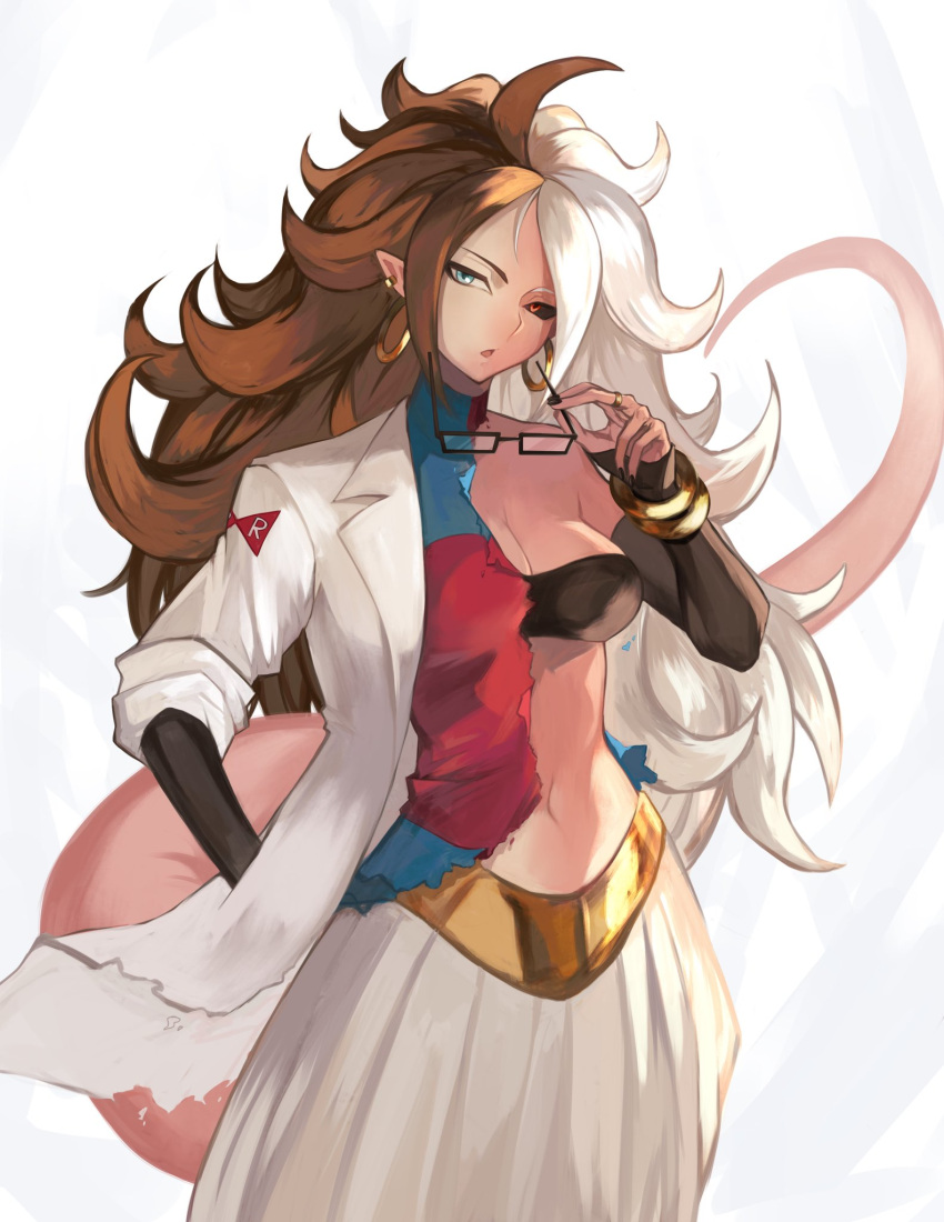 1girl android_21 arabian_clothes breasts brown_hair colored_skin demon_tail dragon_ball dragon_ball_fighterz earrings highres jacket jewelry long_hair looking_to_the_side majin_android_21 pink_skin pointy_ears qmerlem red_eyes tail white_hair white_jacket