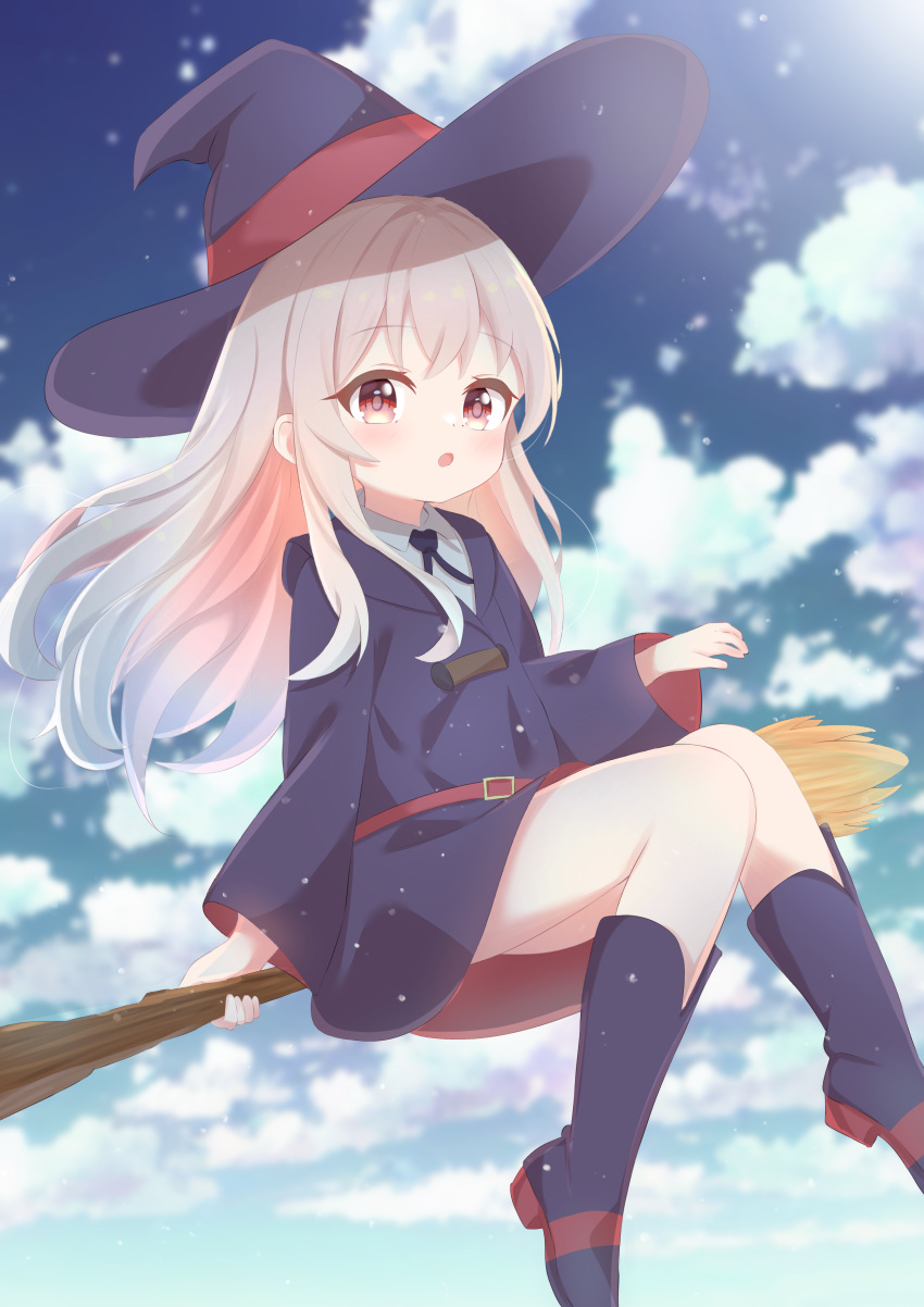 1girl :o absurdres alternate_costume belt blue_sky boots broom broom_riding commission cosplay costume_switch dress grey_hair hat highres kagari_atsuko kagari_atsuko_(cosplay) little_witch_academia looking_at_viewer luna_nova_school_uniform onii-chan_wa_oshimai! oyama_mahiro pixiv_commission purple_dress red_belt school_uniform shizukuma sky solo witch witch_hat