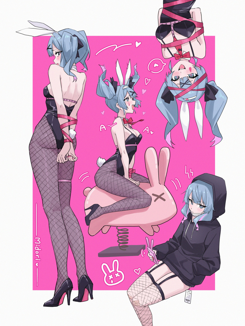 1girl absurdres animal_ears backless_leotard bare_shoulders black_footwear black_hoodie black_leotard black_pantyhose blue_eyes blush border bound bound_wrists breasts closed_mouth drawstring expressionless fake_animal_ears fishnet_pantyhose fishnet_thighhighs fishnets garter_straps hand_in_pocket hatsune_miku heart high_heels highleg highleg_leotard highres hood hood_up hoodie legs_together leotard looking_at_viewer mask midori_xu mouth_mask multiple_views no_pants outside_border pantyhose pink_background pink_pupils playboy_bunny rabbit_ears rabbit_hole_(vocaloid) ribbon ribbon_bondage riding riding_animal sexually_suggestive sideboob simple_background sitting small_breasts spoken_heart surgical_mask teardrop_facial_mark thighhighs vocaloid white_border