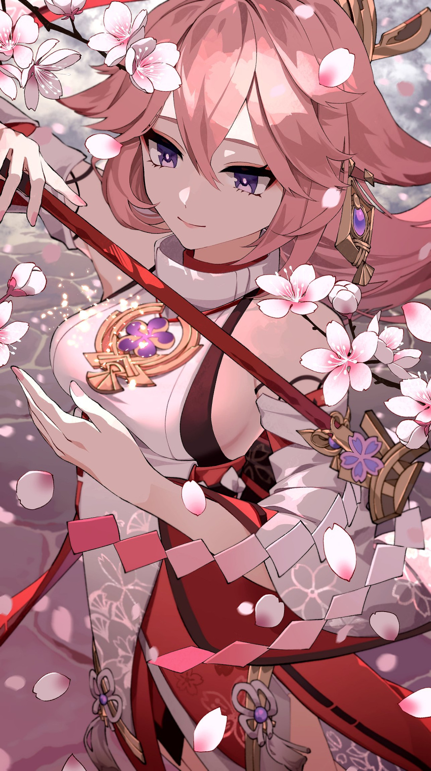 1girl animal_ears arm_up bare_shoulders breasts cha_hanare closed_mouth detached_sleeves earrings falling_petals floppy_ears flower flower_knot fox_ears genshin_impact gohei hair_between_eyes highres holding holding_gohei jewelry long_hair looking_ahead medium_breasts nontraditional_miko petals pink_hair pink_nails purple_eyes red_skirt shirt sideboob skirt sleeveless sleeveless_shirt smile solo tassel white_flower white_shirt yae_miko