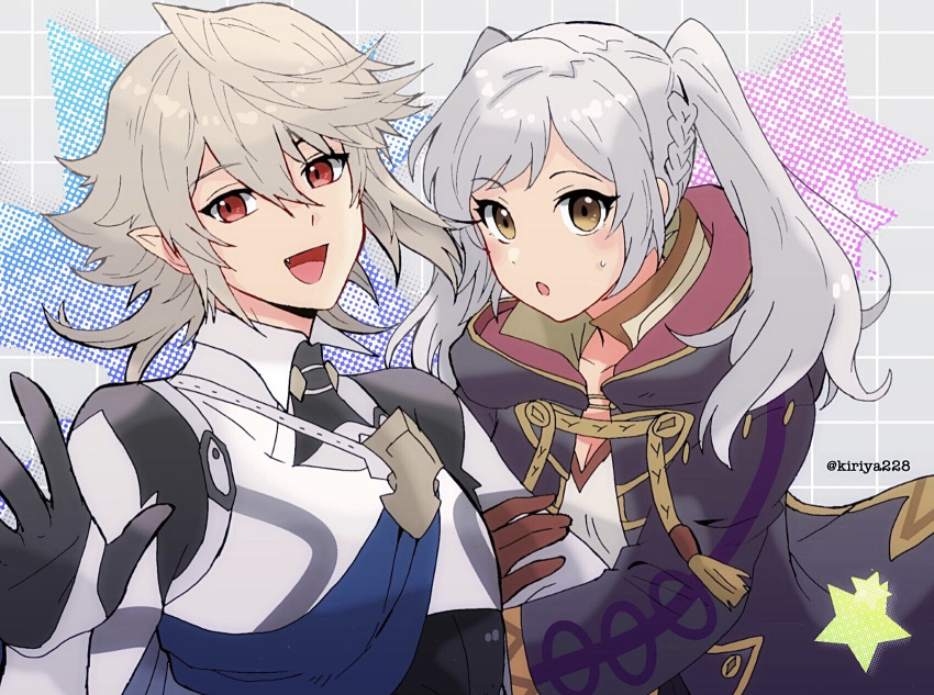 1boy 1girl :o arm_hug armor black_robe blush brown_eyes brown_gloves commentary_request corrin_(fire_emblem) corrin_(male)_(fire_emblem) fangs fire_emblem fire_emblem_awakening fire_emblem_fates fire_emblem_heroes gloves grey_hair hair_between_eyes highres hood hood_down hooded_robe kiriya_(552260) long_hair looking_at_viewer open_mouth partial_commentary red_eyes robe robin_(female)_(fire_emblem) robin_(fire_emblem) short_hair smile super_smash_bros. twintails twitter_username white_hair