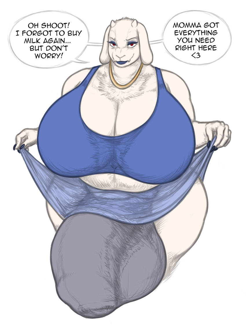 2024 2_horns absurd_res anthro balls_outline big_bulge biped bottomwear bovid breasts bulge caprine cleavage clothed clothing clothing_lift detailed_bulge english_text flaccid fur genital_outline genitals goat gynomorph hi_res horn hornyzhopa huge_bulge hyper hyper_bulge intersex jewelry looking_at_viewer mammal necklace penis penis_outline red_eyes simple_background skimpy skirt skirt_lift solo speech_bubble text toriel undertale_(series) white_background white_body white_fur