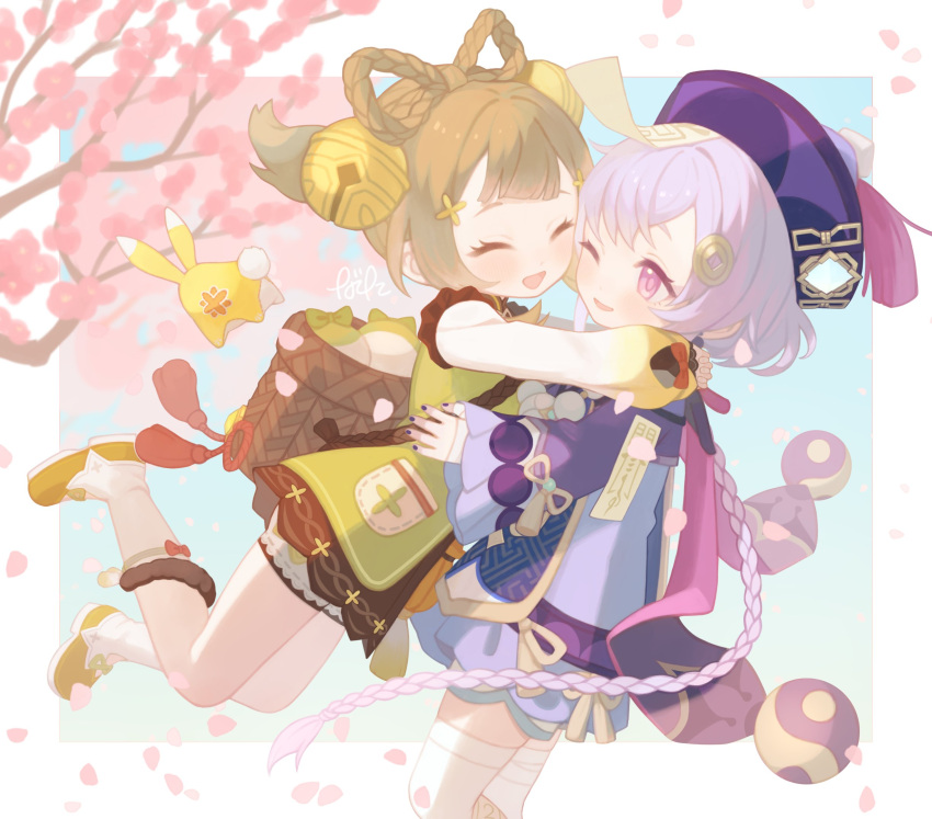 2girls 750x077 arms_around_neck backpack_basket bandaged_hand bandages bead_necklace beads bell black_nails blunt_bangs border bow-shaped_hair braid braided_hair_rings braided_ponytail brown_hair cherry_blossoms coin_hair_ornament dress falling_leaves feet_up genshin_impact glomp green_dress hair_bell hair_ornament hat highres hug jewelry jingle_bell leaf long_hair long_sleeves looking_at_another multiple_girls necklace ofuda ofuda_on_head open_mouth orb purple_dress purple_eyes purple_hair purple_headwear qingdai_guanmao qiqi_(genshin_impact) radish short_hair smile thighhighs vision_(genshin_impact) white_border white_thighhighs wide_sleeves yaoyao_(genshin_impact) yin_yang yin_yang_orb yuegui_(genshin_impact)