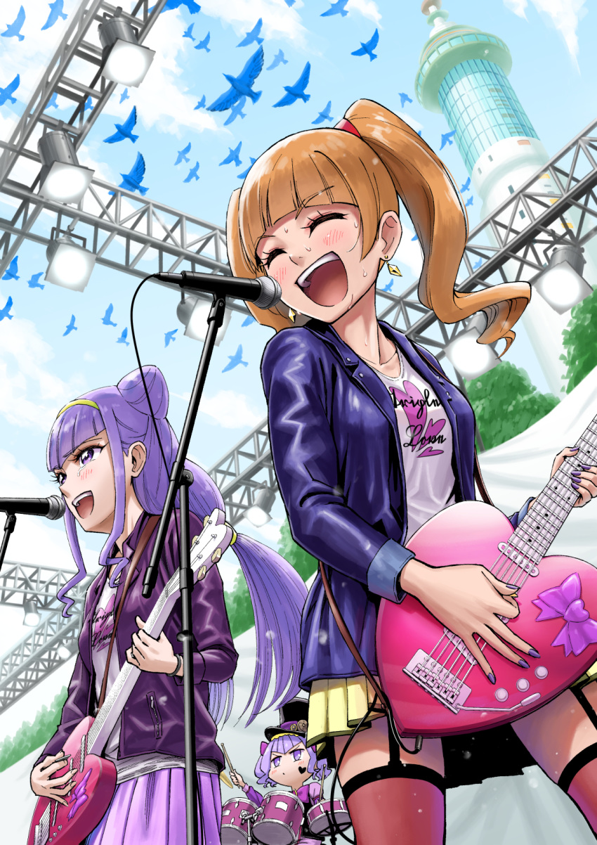 3girls :d aisaki_emiru bangs bird black_headwear blue_jacket blunt_bangs bracelet brown_hair day floating_hair from_below garter_straps guitar hair_bun hairband hat highres holding holding_instrument hugtto!_precure instrument itou_shin'ichi jacket jewelry long_hair long_sleeves microphone_stand miniskirt multiple_girls music nail_polish open_clothes open_jacket open_mouth outdoors pink_skirt playing_instrument pleated_skirt ponytail precure print_shirt purple_eyes purple_hair purple_jacket purple_nails red_legwear ruru_amour shiny shiny_hair shirt singing skirt smile standing thighhighs twintails white_shirt yellow_skirt