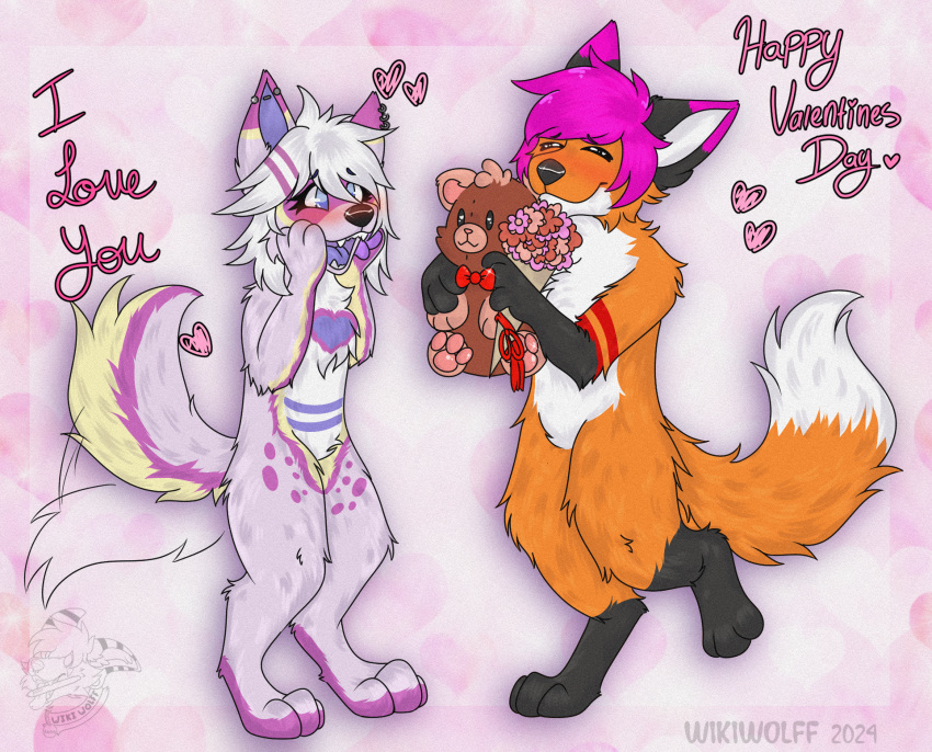 anthro canid canine cyote duo female fox hi_res holidays kandithedoc male male/female mammal raventhecalm valentine's_day wikiwolfstudios