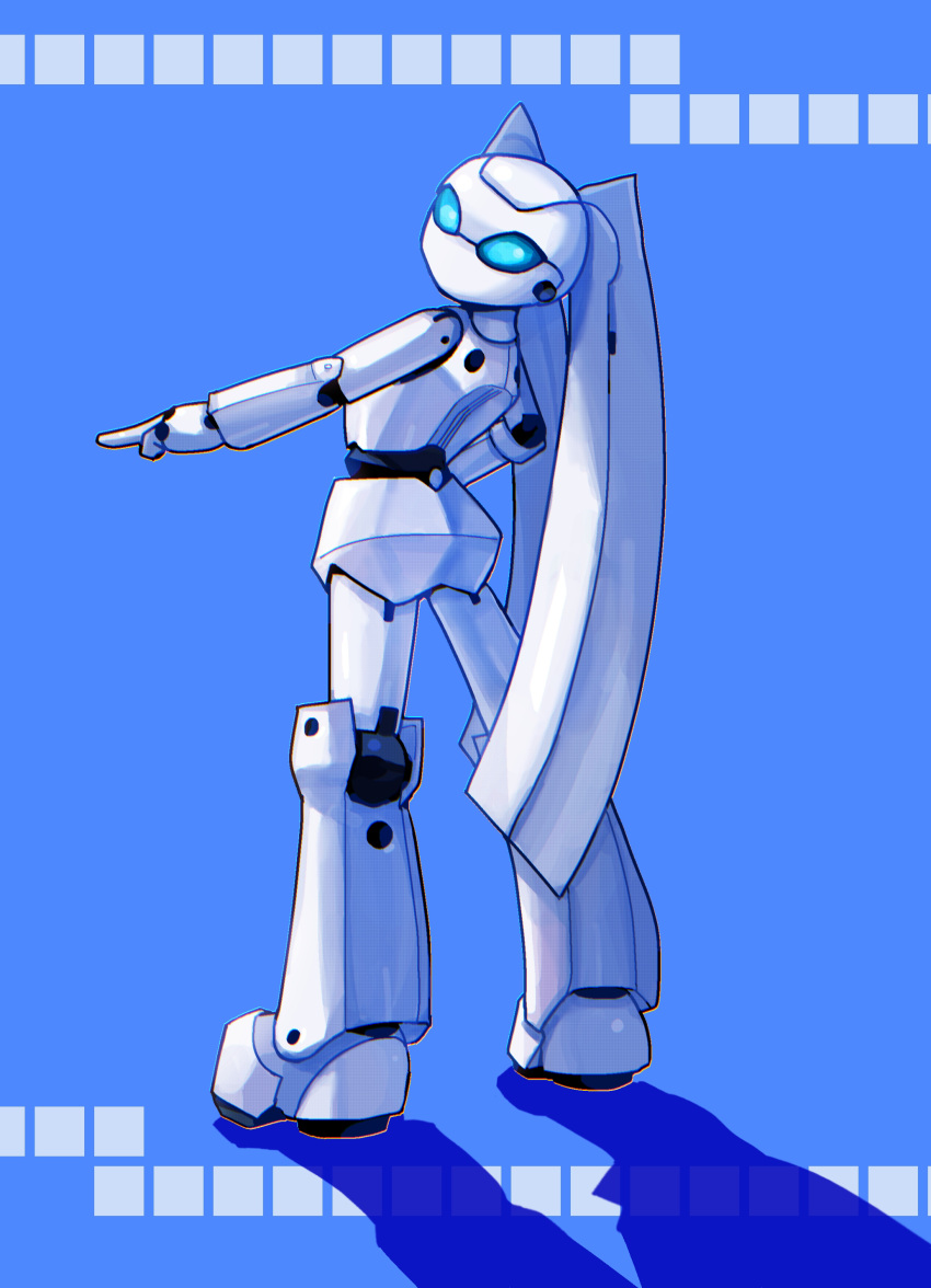 1girl absurdres blue_background blue_eyes colored_skin drossel_von_flugel fireball_(series) highres humanoid_robot joints looking_back no_humans no_mouth robot robot_girl robot_joints shiny_skin solo twintails user_jzaz2278 white_skin