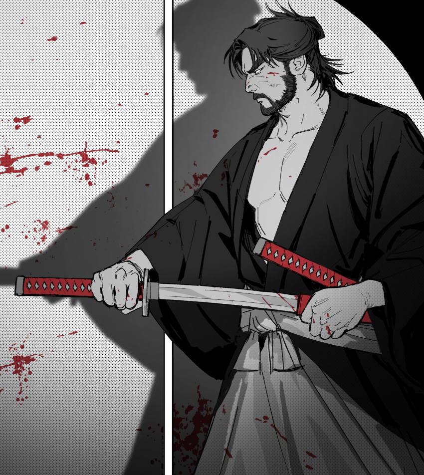 1boy absurdres bara beard blood blood_on_face blood_splatter borrowed_character drawing_sword facial_hair full_beard greyscale hair_bun highres holding holding_sword holding_weapon katana keisuke_(perrocomic) looking_ahead male_focus mature_male monochrome muscular muscular_male original pectoral_cleavage pectorals profile quietgom ronin samurai serious short_hair single_hair_bun spot_color sword thick_beard thick_eyebrows tsurime weapon