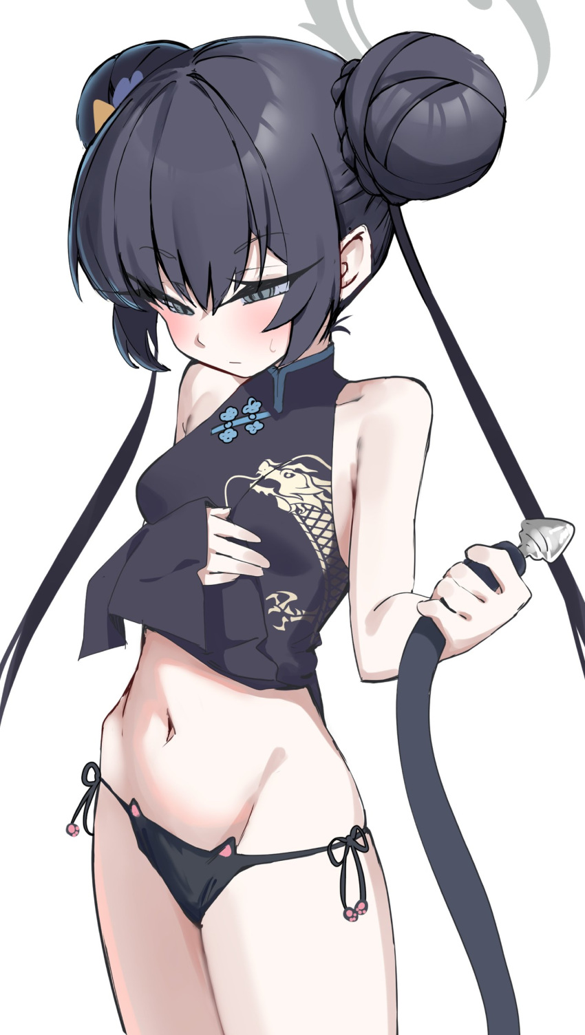 1girl absurdres anal_tail bare_shoulders black_dress black_hair black_panties blue_archive breasts cat_ear_panties china_dress chinese_clothes clothes_lift cowboy_shot double_bun dress dress_lift fake_tail gen_(unzzenasd) grey_eyes groin hair_bun halo highres kisaki_(blue_archive) long_hair navel panties side-tie_panties sidelocks simple_background sleeveless sleeveless_dress small_breasts solo sweatdrop tail twintails underwear white_background