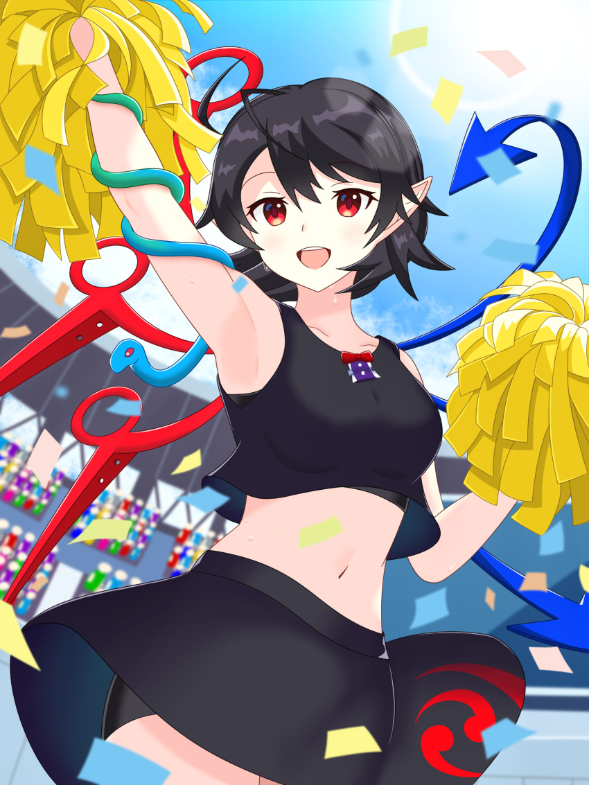 1girl :d adapted_costume ahoge alternate_costume arm_up armpits asymmetrical_wings bike_shorts black_hair black_shirt black_skirt blue_wings breasts cheerleader confetti cowboy_shot crop_top highres holding holding_pom_poms houjuu_nue looking_at_viewer medium_breasts midriff miniskirt navel open_mouth pointy_ears pom_pom_(cheerleading) red_eyes red_wings sanity3519_(user_mvfv4345) shirt short_hair shorts shorts_under_skirt skirt sleeveless sleeveless_shirt smile snake solo stadium standing tank_top thighs touhou touhou_lost_word wings