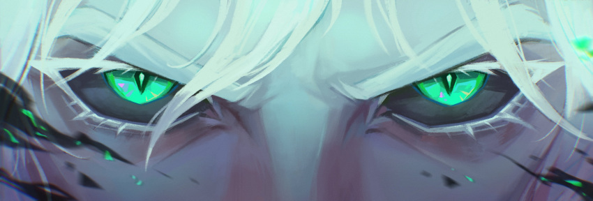 1boy absurdres black_sclera close-up colored_sclera colored_skin eye_focus glowing glowing_eyes green_eyes grey_hair highres league_of_legends looking_at_viewer neofox67 straight-on viego_(league_of_legends)