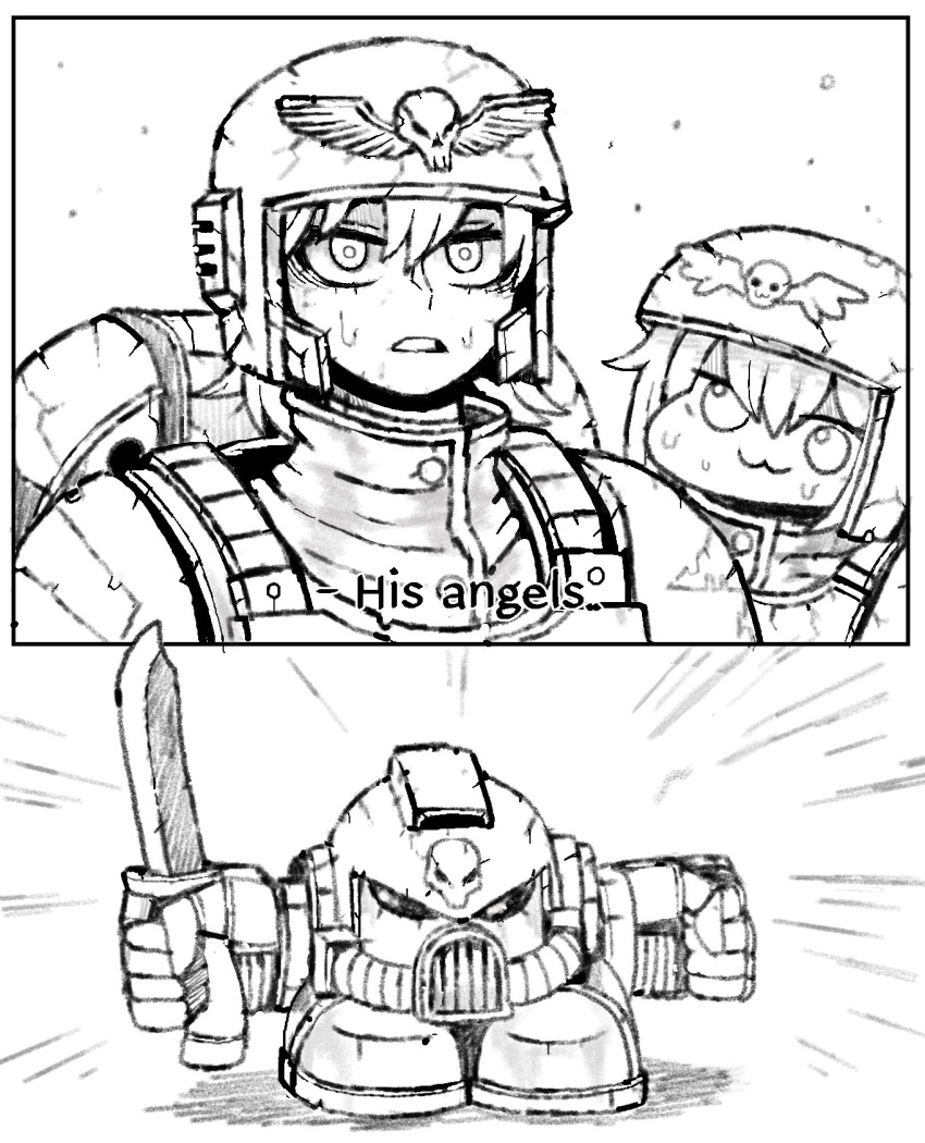 1boy 2girls :3 adeptus_astartes astra_militarum backpack bag chibi english_text helmet highres knife multiple_girls octosoup short_hair skull soldier solo turtleneck warhammer_40k