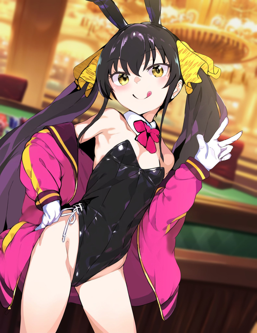 1girl :q animal_ears animal_print bare_shoulders black_hair black_leotard bow bowtie breasts casino commentary_request detached_collar fake_animal_ears gloves hair_ribbon highres idolmaster idolmaster_cinderella_girls indoors jacket kazuta1000 leopard_print leotard long_hair looking_at_viewer matoba_risa off_shoulder open_clothes open_jacket playboy_bunny print_ribbon rabbit_ears ribbon small_breasts smile solo strapless strapless_leotard tongue tongue_out twintails v very_long_hair white_gloves yellow_eyes