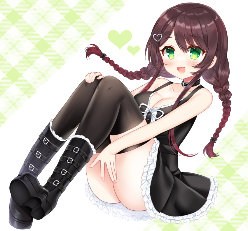 1girl :d ass bare_arms bare_shoulders black_collar black_dress black_thighhighs blush boots braid breasts brown_hair cleavage collar collarbone commission dress frilled_footwear green_eyes hair_between_eyes hair_ornament heart heart_hair_ornament highres knees_up long_hair low_twintails medium_breasts original plaid plaid_background shikito skeb_commission sleeveless sleeveless_dress smile solo thighhighs thighhighs_under_boots twin_braids twintails very_long_hair white_background