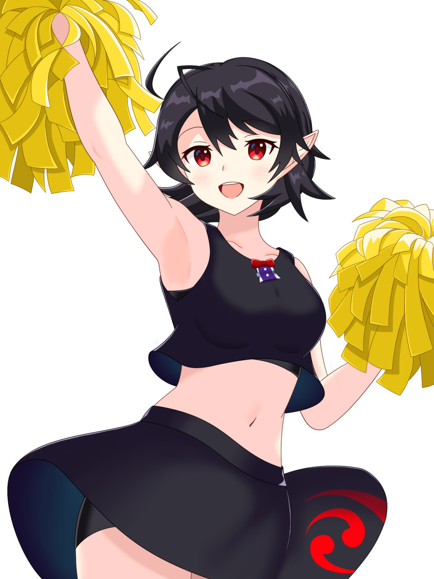 1girl :d adapted_costume ahoge alternate_costume arm_up armpits bike_shorts black_hair black_shirt black_skirt breasts cheerleader cowboy_shot crop_top highres holding holding_pom_poms houjuu_nue looking_at_viewer medium_breasts midriff miniskirt navel no_wings open_mouth pointy_ears pom_pom_(cheerleading) red_eyes sanity3519_(user_mvfv4345) shirt short_hair shorts shorts_under_skirt simple_background skirt sleeveless sleeveless_shirt smile solo standing tank_top thighs touhou touhou_lost_word white_background