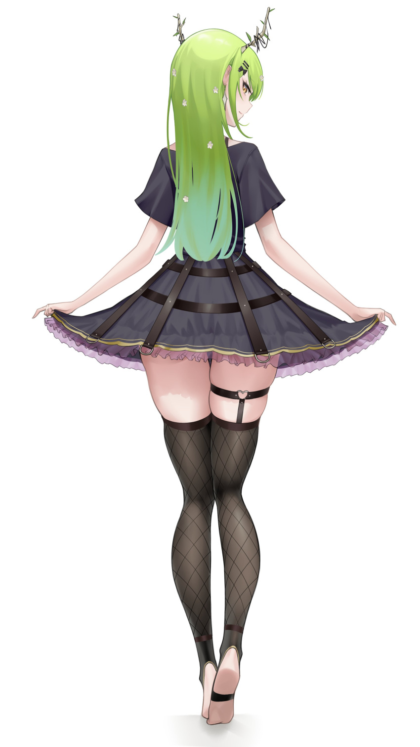 1girl absurdres antlers barefoot ceres_fauna ceres_fauna_(4th_costume) fishnet_thighhighs fishnets flower from_behind full_body green_hair hair_flower hair_ornament highres hololive hololive_english horns long_hair looking_at_viewer looking_back shirt simple_background skindentation skirt solo somebody_(leiking00) t-shirt thigh_strap thighhighs virtual_youtuber white_background yellow_eyes zettai_ryouiki