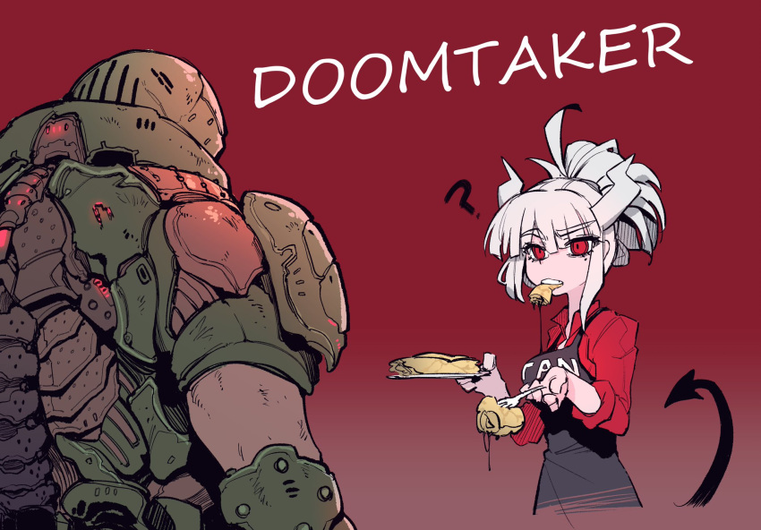 1boy 1girl ? apron black_apron crepe demon_girl demon_horns demon_tail doom_(2016) doom_(game) doom_eternal doomguy eating food fork formal from_behind gauntlets hair_up heart helltaker helmet highres horns karasu_raven long_sleeves lucifer_(helltaker) manly modeus_(helltaker) muscle plate power_armor praetor_suit red_background red_eyes red_shirt shirt silver_hair simple_background sleeves_rolled_up space_marine suit tail undershirt upper_body veins