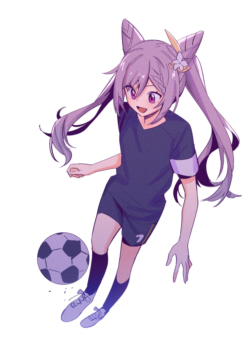 1girl absurdres alternate_costume ball black_shirt black_shorts breasts cone_hair_bun double_bun genshin_impact hair_bun hair_ornament highres keqing_(genshin_impact) long_hair open_mouth purple_eyes purple_hair shirt shorts small_breasts soccer_ball solo taosheng twintails white_footwear