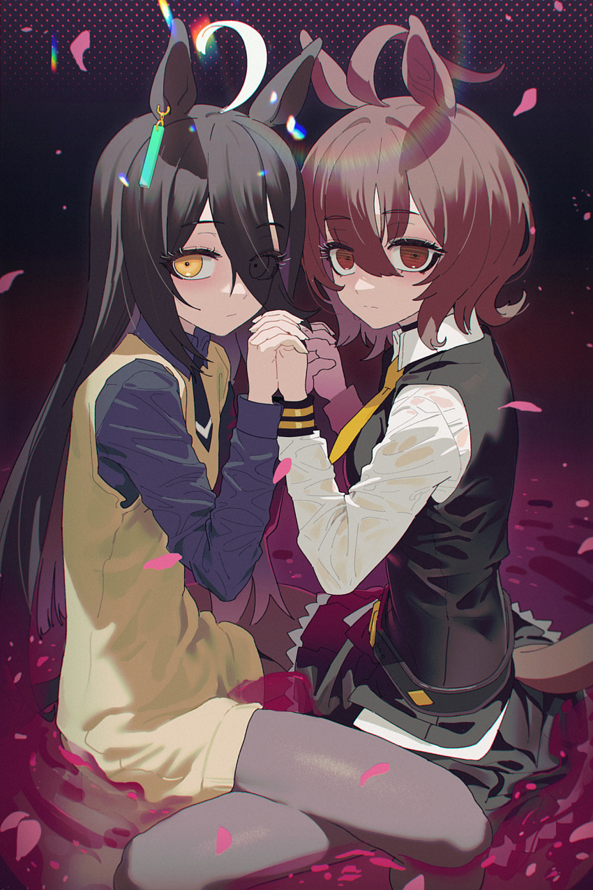 2girls agnes_tachyon_(umamusume) agnes_tachyon_(umamusume)_(cosplay) ahoge animal_ears black_hair black_necktie black_pantyhose black_shirt black_skirt black_sweater_vest brown_hair collared_shirt commentary_request cosplay costume_switch earrings eyes_visible_through_hair falling_petals hair_between_eyes highres holding_hands horse_ears horse_girl horse_tail jewelry long_hair manhattan_cafe_(umamusume) manhattan_cafe_(umamusume)_(cosplay) multicolored_hair multiple_girls necktie pantyhose partially_submerged petals red_eyes sarcophage shirt single_earring sitting skirt streaked_hair sweater_vest tail umamusume very_long_hair water white_hair white_shirt yellow_eyes yellow_necktie yellow_sweater_vest