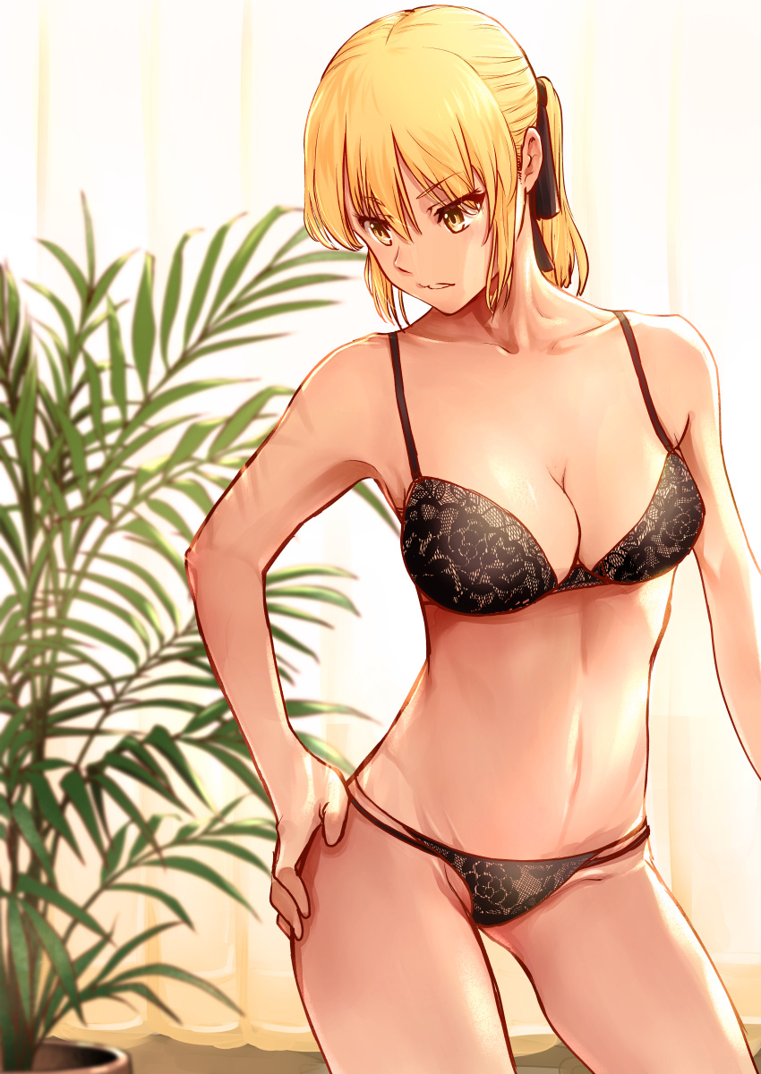 1girl absurdres artoria_pendragon_(all) bangs black_bra black_panties black_ribbon blurry blurry_background bra breasts cleavage collarbone eyebrows_visible_through_hair fate/stay_night fate_(series) hair_between_eyes hair_ribbon hand_on_hip highres huge_filesize medium_breasts multiple_panties nakanishi_tatsuya panties parted_lips ponytail ribbon saber_alter solo underwear underwear_only white_background yellow_eyes