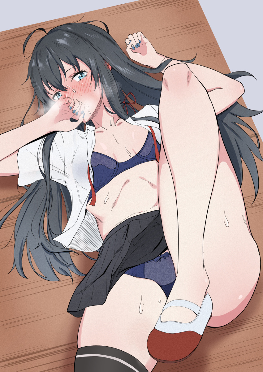 1girl absurdres black_hair black_skirt black_thighhighs blue_bra blue_eyes blue_panties blush bra breasts chinese_text collared_shirt hair_ribbon highres kok_(kokenn) leg_up long_hair lying on_back open_clothes open_shirt panties pleated_skirt ribbon school_uniform shirt shoes short_sleeves sidelocks single_thighhigh skirt small_breasts sobu_high_school_uniform solo summer_uniform sweat thighhighs underwear uwabaki white_footwear white_shirt yahari_ore_no_seishun_lovecome_wa_machigatteiru. yukinoshita_yukino