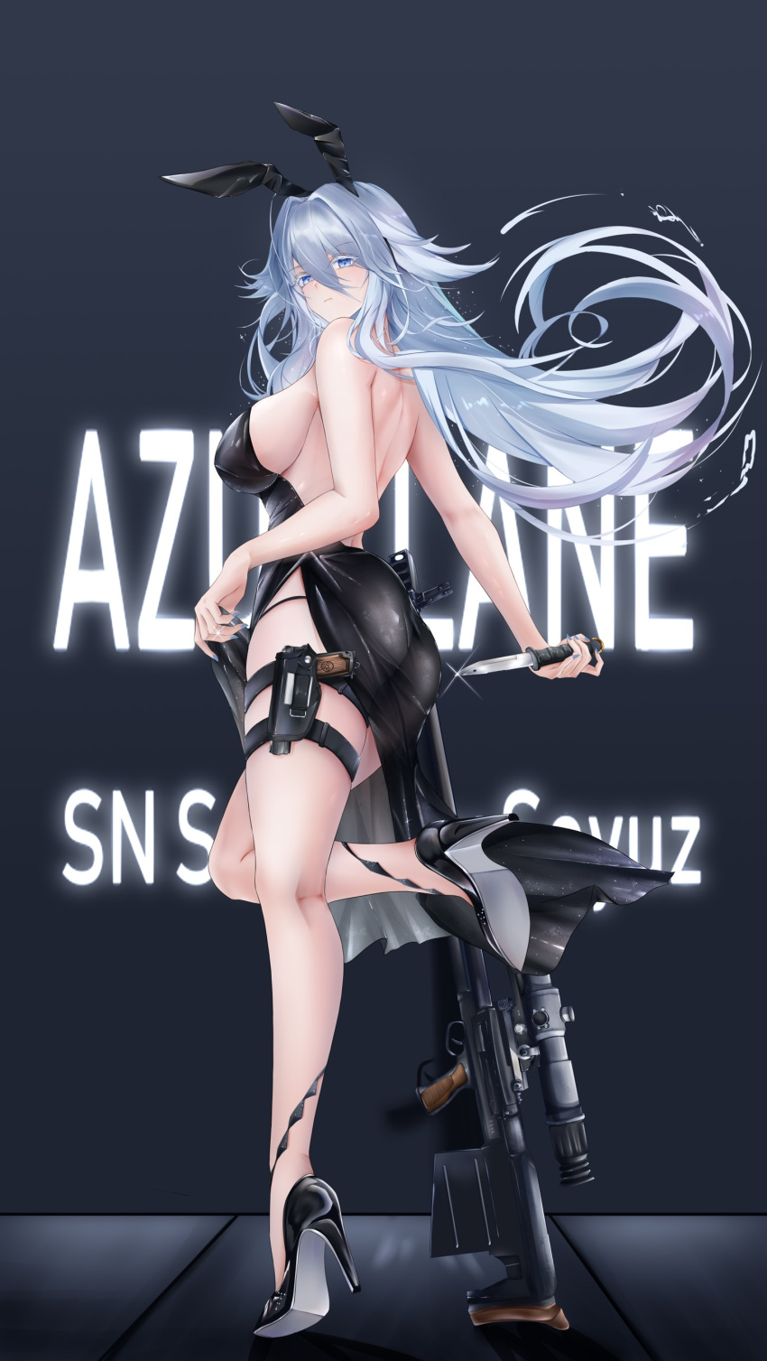 1girl absurdres animal_ears azur_lane bare_shoulders black_dress breasts cleavage dress fake_animal_ears gun hair_between_eyes high_heels highres holding holding_gun holding_weapon holster iue_(artist) large_breasts long_hair looking_at_viewer official_alternate_costume rabbit_ears side_slit sleeveless sleeveless_dress solo sovetsky_soyuz_(azur_lane) sovetsky_soyuz_(skyfall_agent)_(azur_lane) thigh_holster very_long_hair weapon