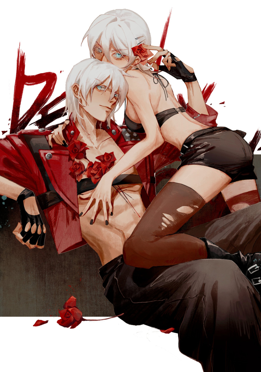 1boy 1girl absurdres bishounen black_gloves black_nails blue_eyes blush breasts closed_mouth dante_(devil_may_cry) devil_may_cry_(series) devil_may_cry_3 dual_persona fingerless_gloves flower genderswap genderswap_(mtf) gloves hair_between_eyes highres holding jacket looking_at_viewer red_flower red_jacket red_rose rose short_shorts shorts smile white_hair xue_orhsueh