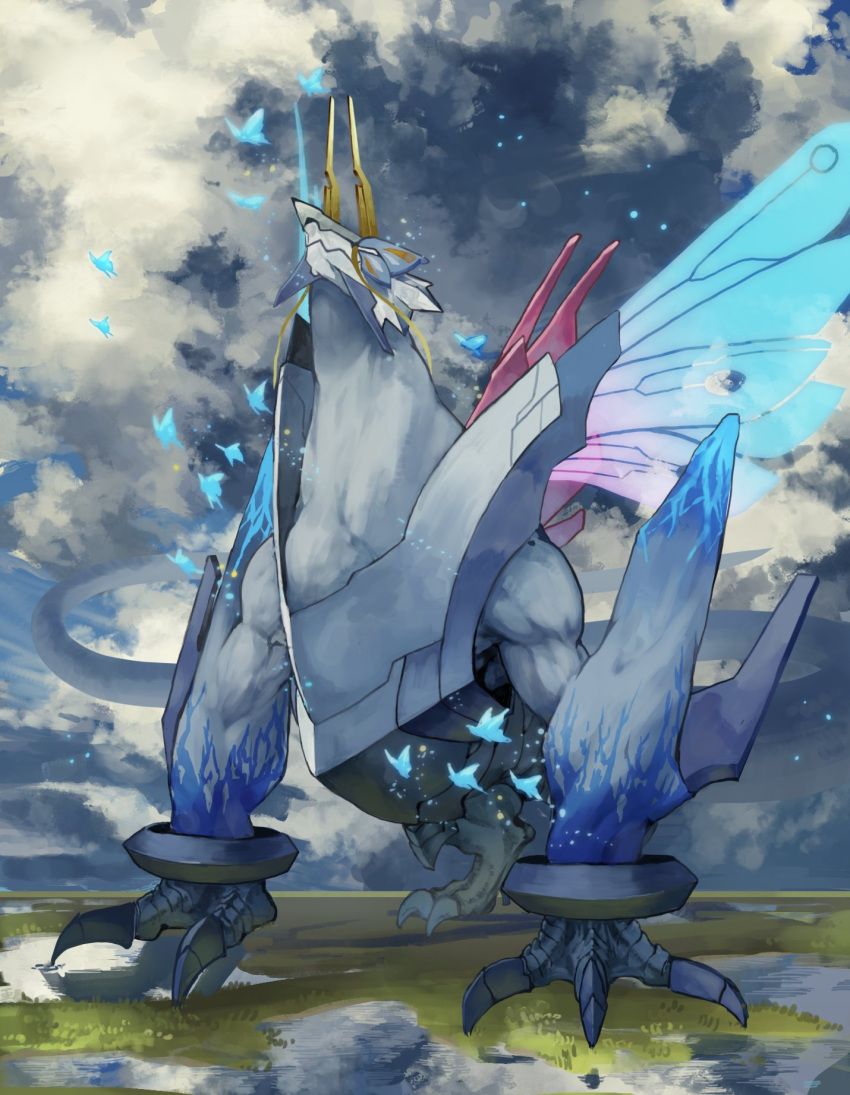 all_fours alternate_form azure_striker_gunvolt azure_striker_gunvolt_3 blue_skin bug butterfly butterfly_wings cloud colored_skin dragon energy_wings gunvolt highres horns insect_wings looking_up otya_sinaika transparent_wings wings