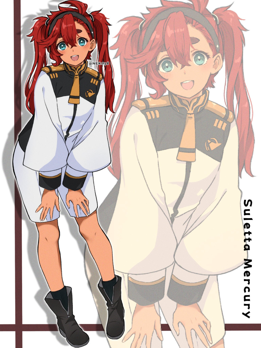 1girl alternate_hairstyle asticassia_school_uniform black_hairband blue_eyes boots character_name gundam gundam_suisei_no_majo hairband highres mizuno374 projected_inset red_hair school_uniform shorts suletta_mercury thick_eyebrows twintails twitter_username white_shorts