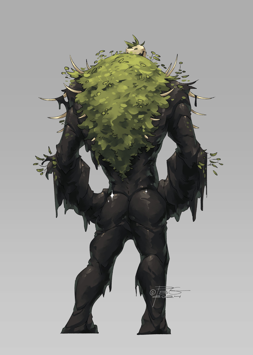 1boy absurdres bara black_skin bog_(poweredbygif) bone colored_skin facing_away from_behind full_body highres male_focus monster_boy muscular muscular_male original plant_on_head poweredbygif shiny_skin shoulder_spikes skull_head slime_boy solo sparkle spikes standing