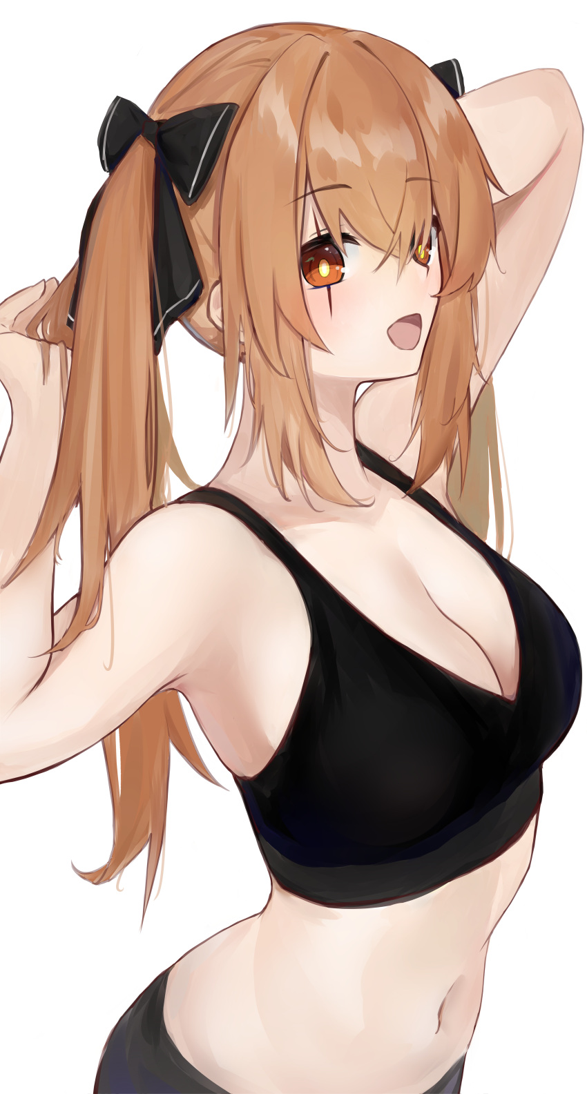 1girl absurdres arm_up bare_shoulders black_bow bow breasts brown_hair cleavage commentary_request crop_top girls'_frontline hair_bow hand_up highres kotoha_(kotoha65) large_breasts looking_at_viewer midriff navel scar scar_across_eye solo stomach twintails ump9_(girls'_frontline) upper_body