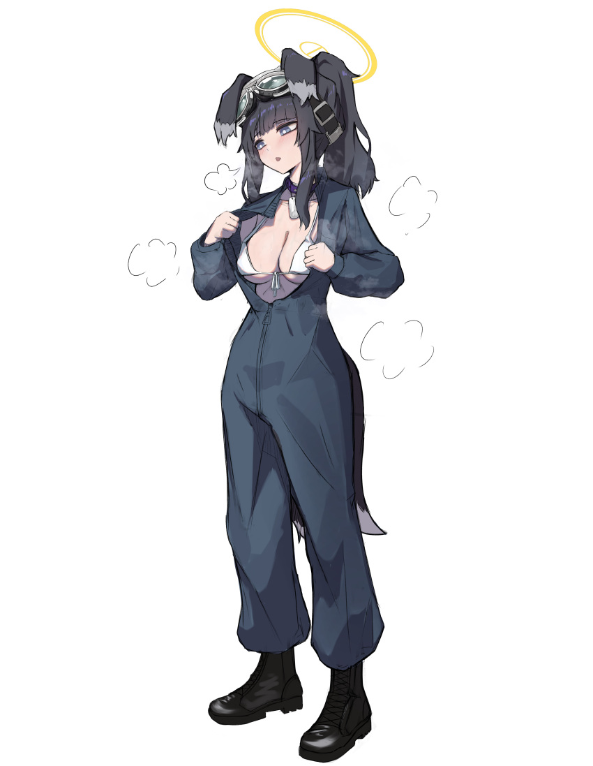 1girl absurdres animal_ears bikini bikini_under_clothes black_footwear black_hair blue_archive blue_jumpsuit blush breasts bright_pupils cleavage collarbone commentary dog_ears dog_tags dog_tail front-tie_bikini_top front-tie_top full_body goggles goggles_on_head halo hibiki_(blue_archive) highres jumpsuit kaba_(hama) large_breasts partially_unzipped ponytail sidelocks simple_background solo steaming_body swimsuit tail undressing white_background white_bikini white_pupils