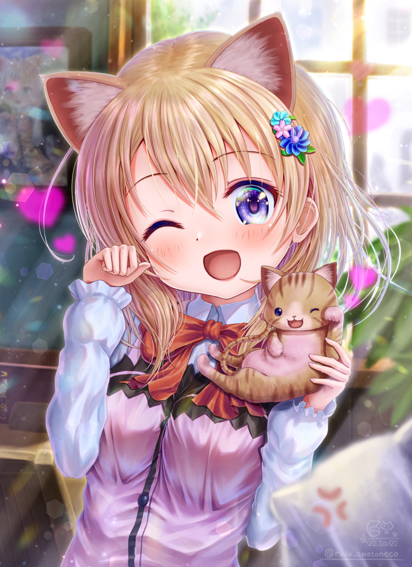 1girl 2022 ;d animal animal_ear_fluff animal_ears backlighting blue_eyes blue_flower blush bow cat cat_ears collared_shirt colored_eyelashes commentary dated day flower gochuumon_wa_usagi_desu_ka? hair_between_eyes hair_flower hair_ornament hands_up happy heart highres holding holding_animal hoto_cocoa indoors kemonomimi_mode light_rays long_sleeves looking_at_viewer medium_hair one_eye_closed open_mouth orange_hair paw_pose pink_flower pink_vest rabbit_house_uniform red_bow rouge_(my_rouge) shirt signature smile solo sparkling_eyes sunbeam sunlight tareme twitter_username upper_body vest white_shirt window