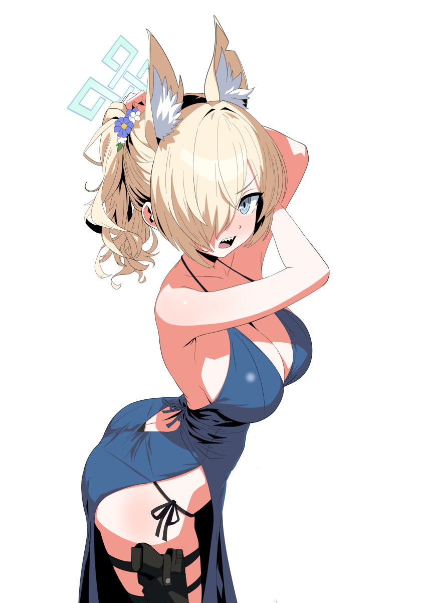 1girl absurdres adjusting_hair animal_ear_fluff animal_ears arched_back ass backless_outfit black_panties blonde_hair blue_archive blue_dress blue_eyes blush bomnamul breasts cleavage dress flower fox_ears gun hair_flower hair_ornament hair_over_one_eye halo halterneck handgun highres holster kanna_(blue_archive) large_breasts looking_at_viewer open_mouth panties ponytail sharp_teeth side-tie_panties side_slit sideboob simple_background solo teeth underwear weapon white_background