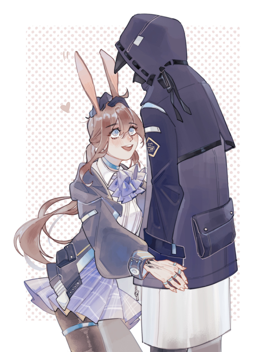 1boy 1girl amiya_(arknights) animal_ear_fluff animal_ears arknights ascot black_pantyhose blue_choker blue_coat blue_eyes blue_jacket brown_hair choker coat collared_shirt commentary_request doctor_(arknights) dotted_background dress_shirt hair_between_eyes headpat heart highres hood hood_down hooded_coat hooded_jacket jacket lab_coat long_hair looking_at_another mask open_mouth outside_border pantyhose patting pleated_skirt pocket ponytail purple_ascot purple_skirt rabbit_ears resul_(scripppppp) shirt sidelocks skirt smile swept_bangs teeth thighlet upper_teeth_only very_long_hair white_background white_shirt