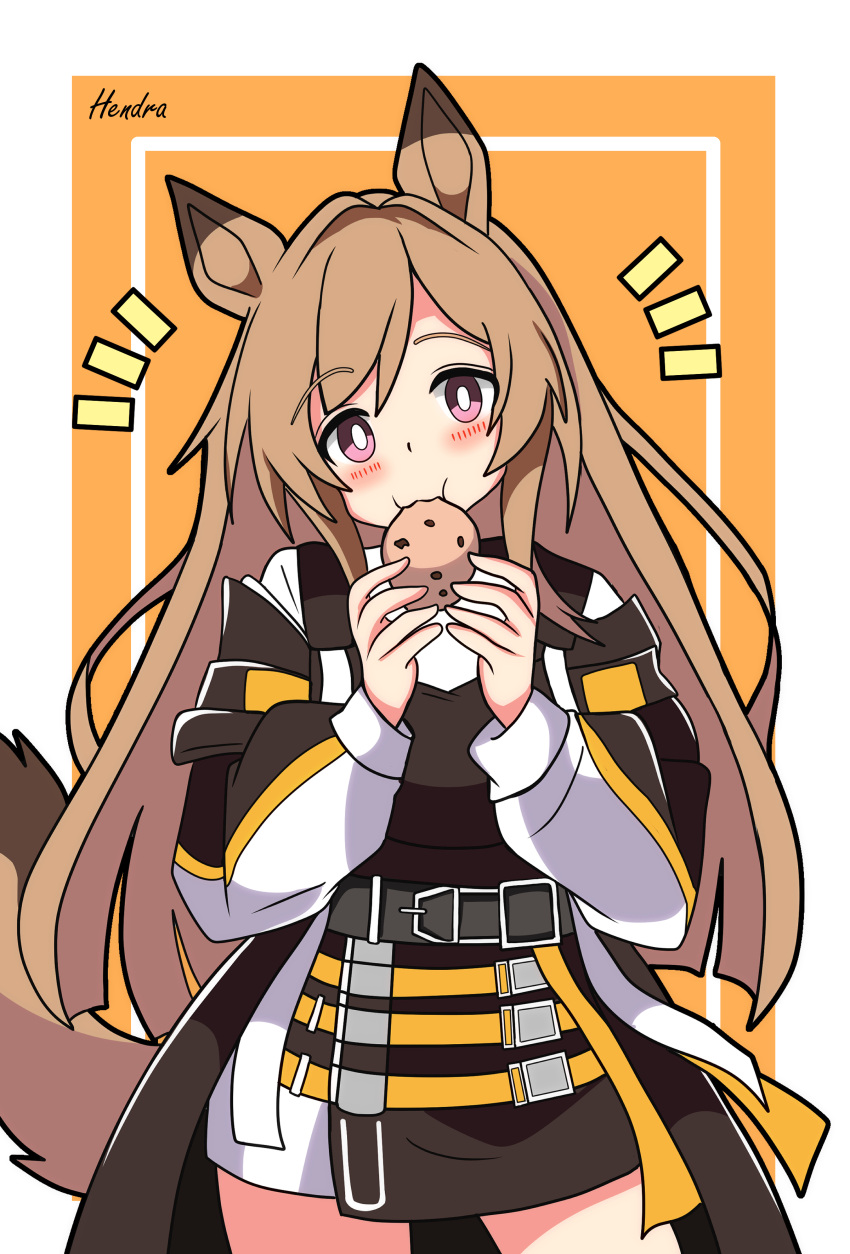 1girl absurdres animal_ears arknights black_skirt blush brown_hair ceobe_(arknights) commentary_request dog_ears dog_girl dog_tail eating food hair_between_eyes head_tilt hendra highres holding holding_food jacket long_hair long_sleeves looking_at_viewer notice_lines orange_background puffy_long_sleeves puffy_sleeves purple_eyes signature skirt solo standing tail two-tone_background very_long_hair wavy_mouth white_background white_jacket
